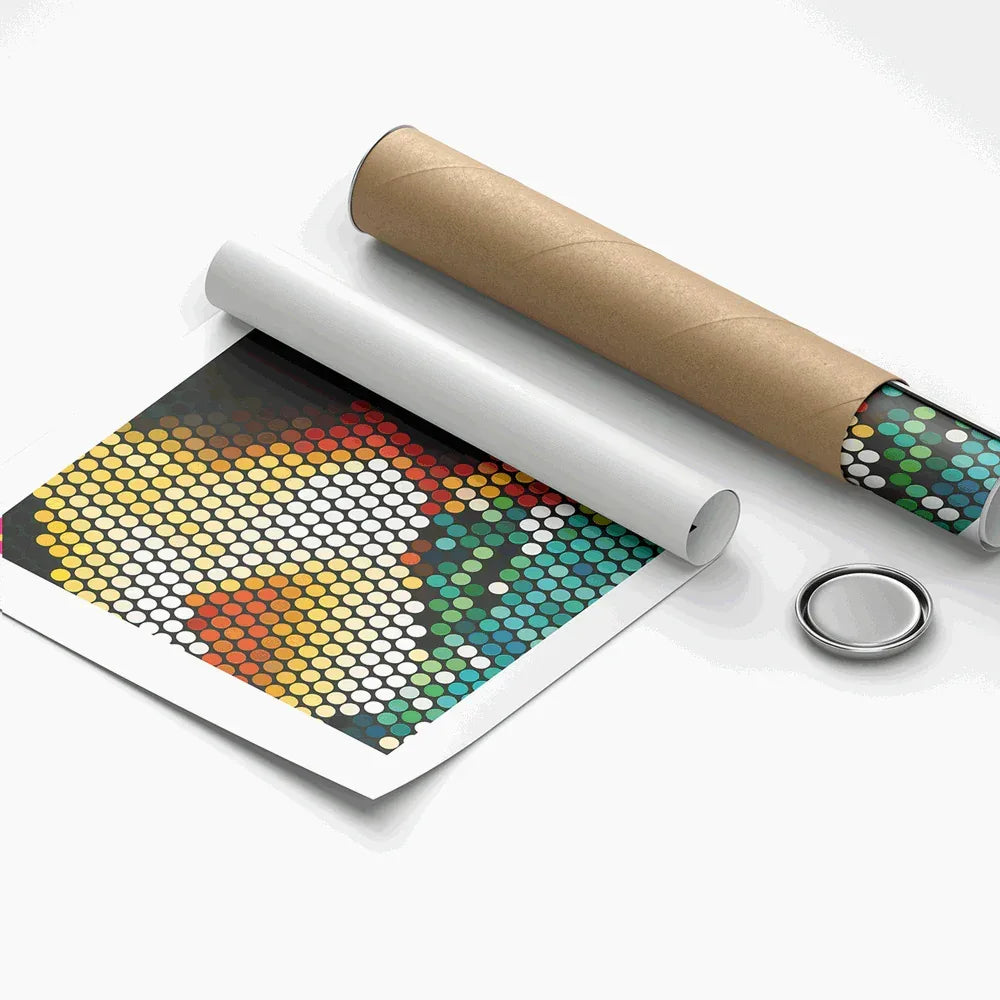 Colorful dot mat with cardboard tube and button on a white background