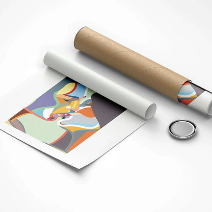 Colorful artwork on paper with a roll of brown paper and a magnet on a white background