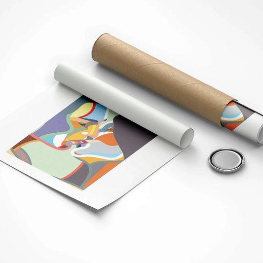 Colorful artwork on paper with a roll of brown paper and a magnet on a white background