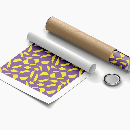 Roll of paper with purple and yellow pattern on a white background