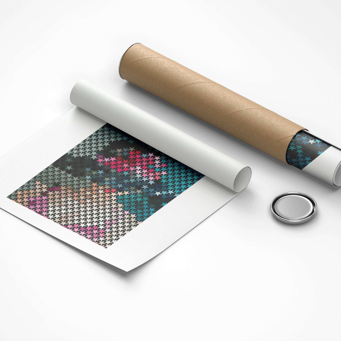 Roll of patterned paper with a roll of brown tape on a white background