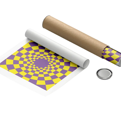 Roll of paper with purple and yellow checkered pattern on a white background