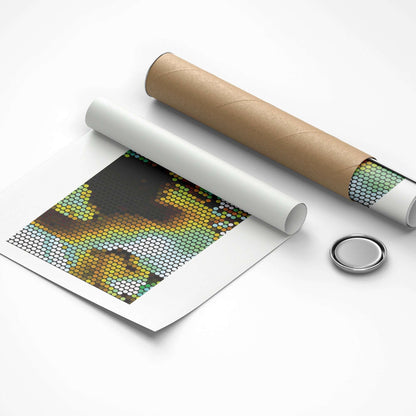 Roll of paper with a pattern and a small round object on a white background