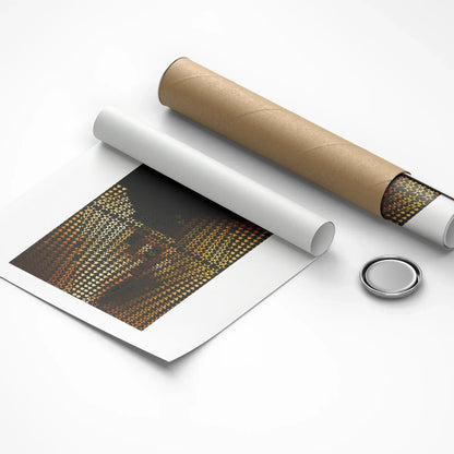 Roll of paper with a printed design and a cylindrical object on a white background