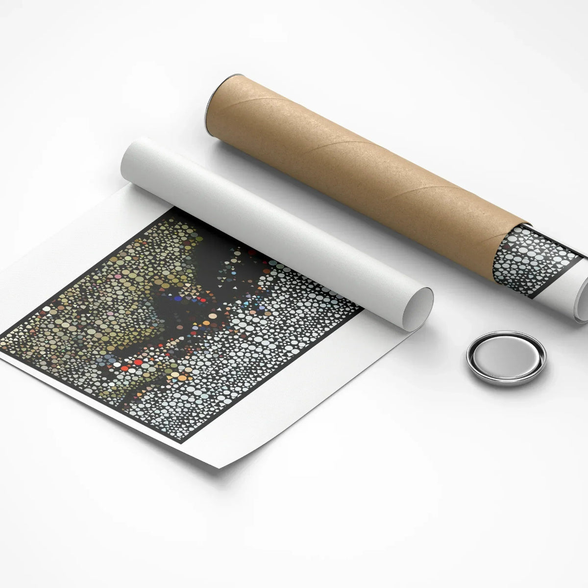 Unrolled poster with a detailed design, rolled poster, and circular object on a white background