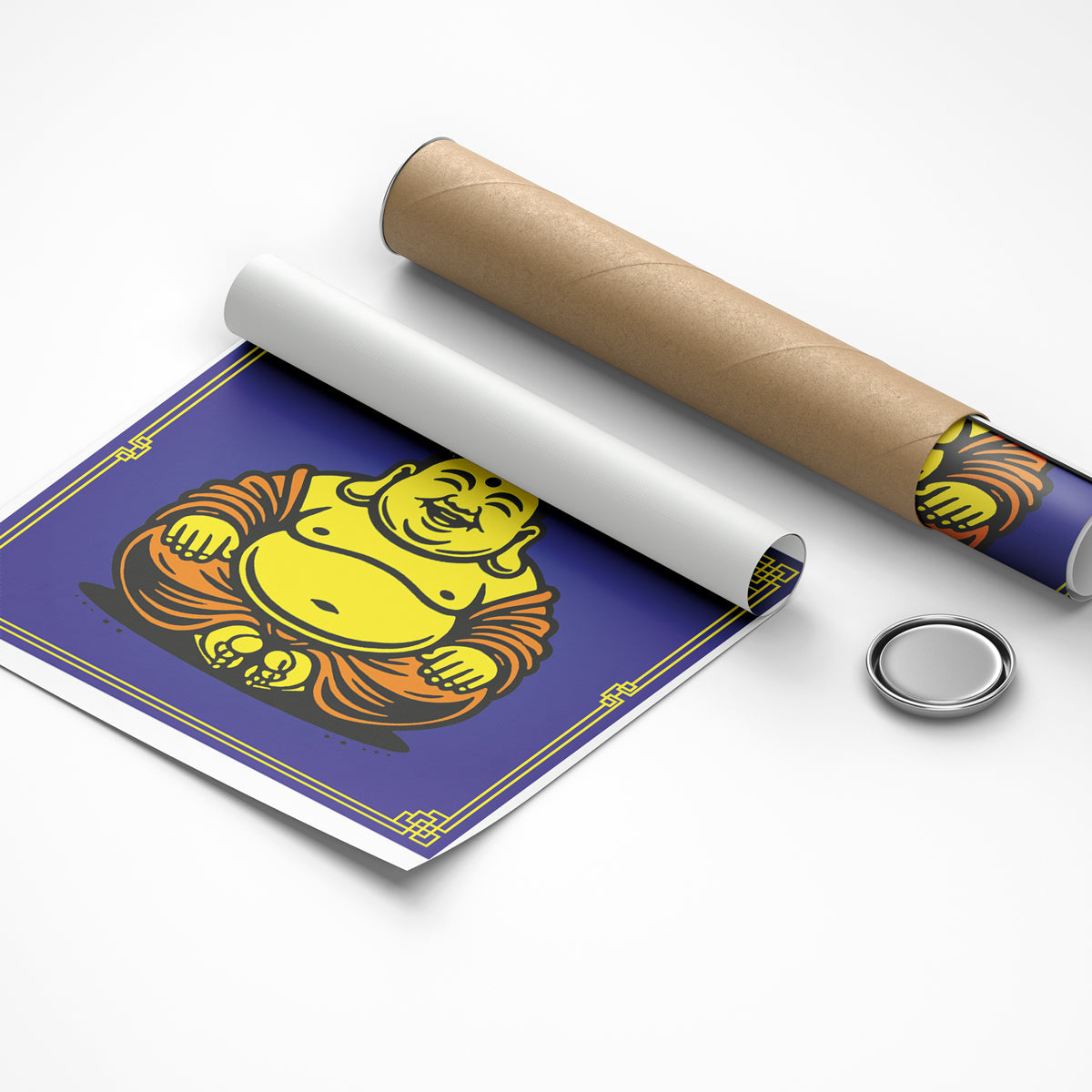Roll of paper with a Buddha design on a white background