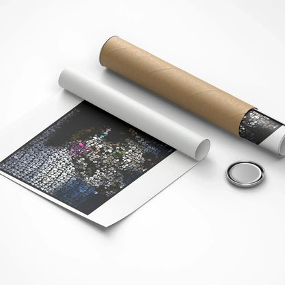 Unrolled poster with a roll of paper and a button on a white background
