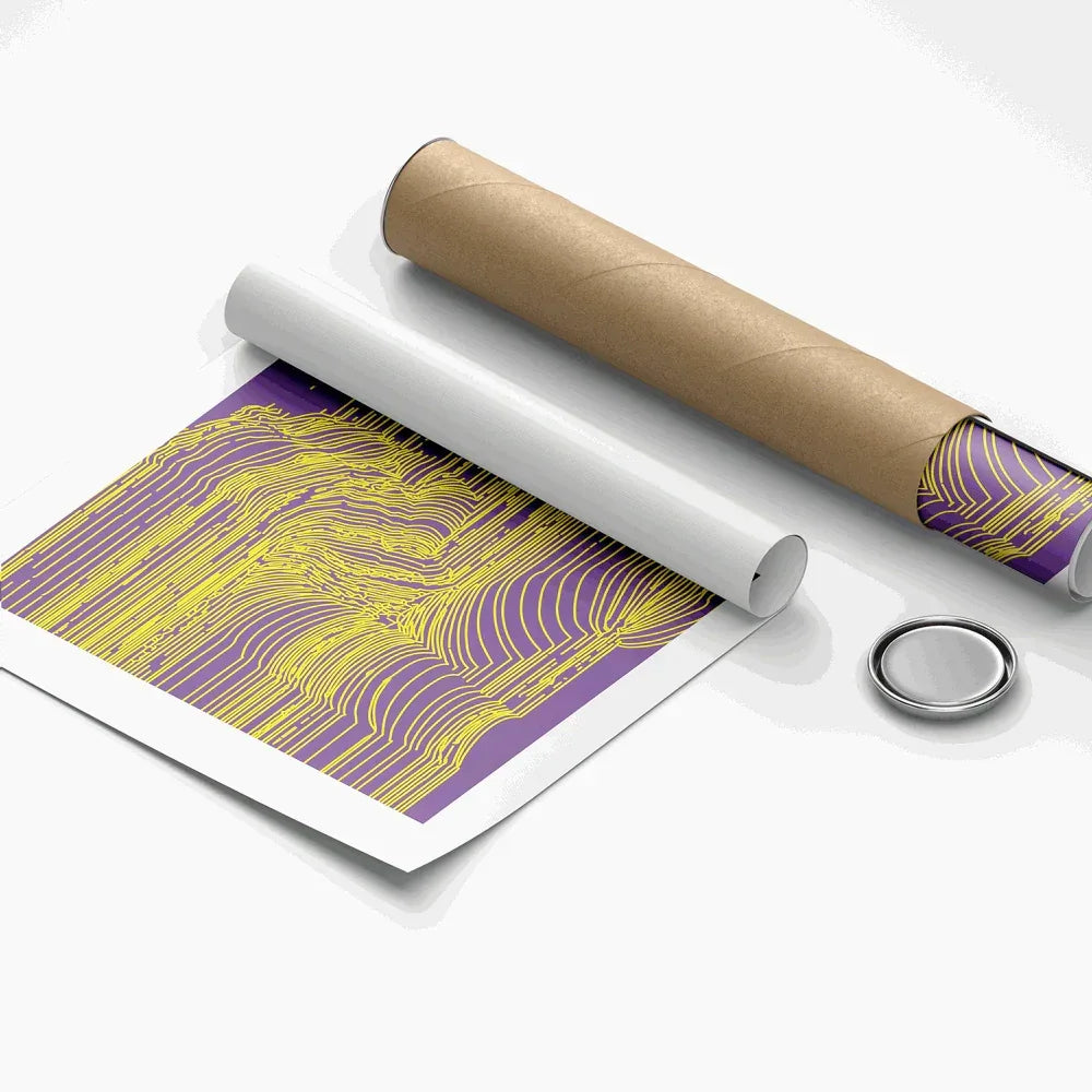 Roll of paper with purple and yellow pattern on a white background