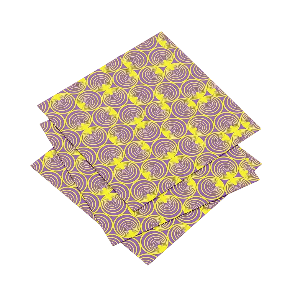 Two purple and yellow patterned napkins on a white background