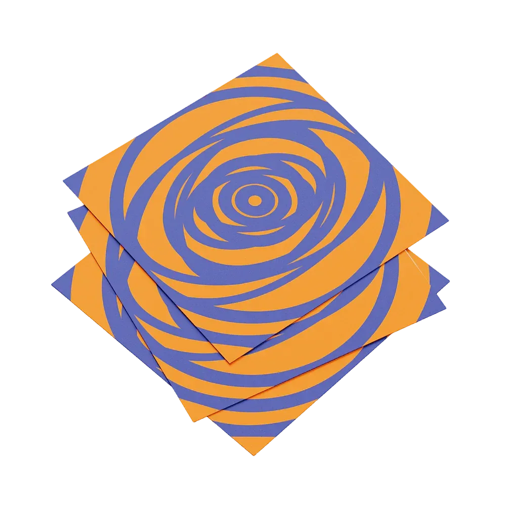 Three orange and blue spiral patterned napkins on a white background