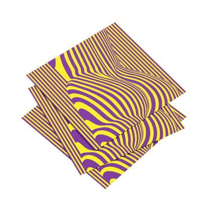 Two folded purple and yellow patterned napkins on a white background