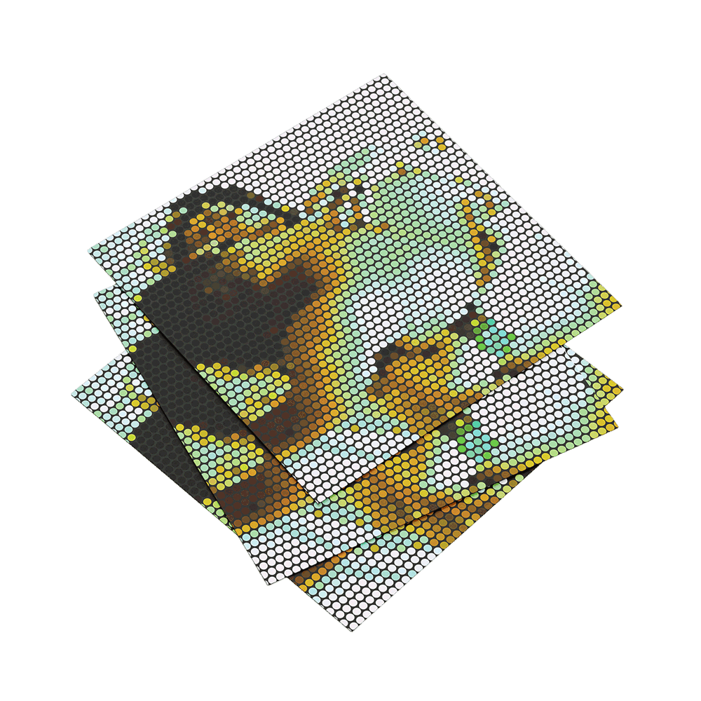 Two diamond painting coasters with a bee design on a dark green background