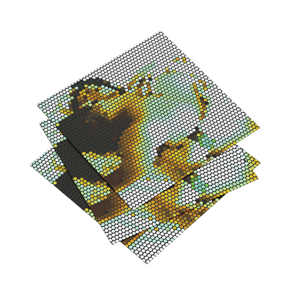 Two diamond painting coasters with a bee design on a dark green background