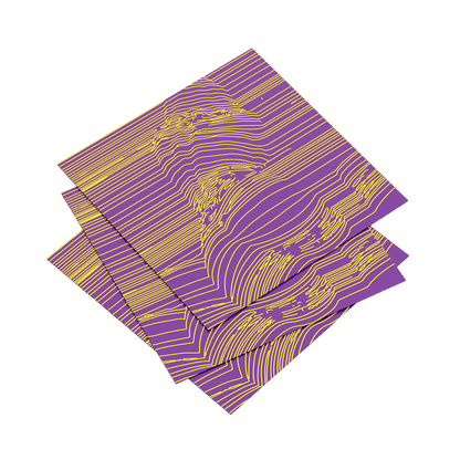 Three purple and gold patterned napkins stacked on a teal background