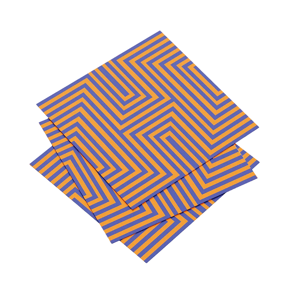 Set of three blue and orange striped napkins on a white background