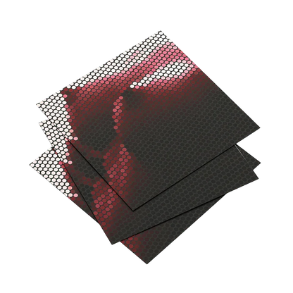 Hexagonal mesh sheets with red and black pattern on a white background