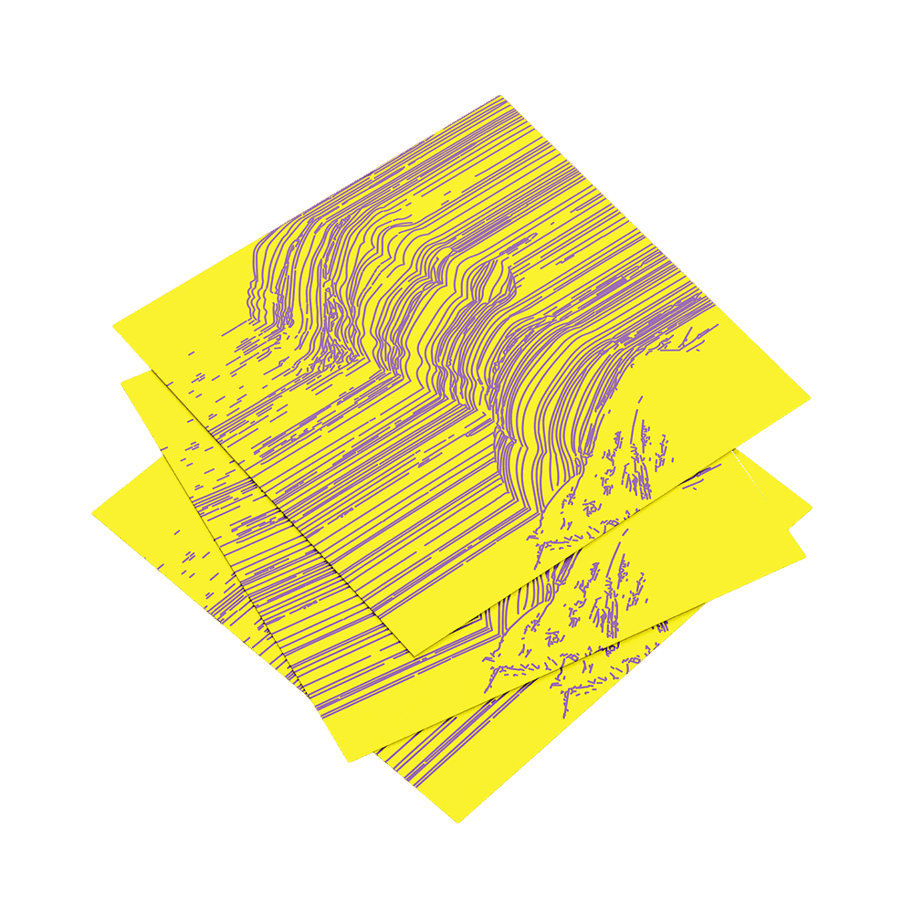Three yellow sheets of paper with purple line art on a dark blue background