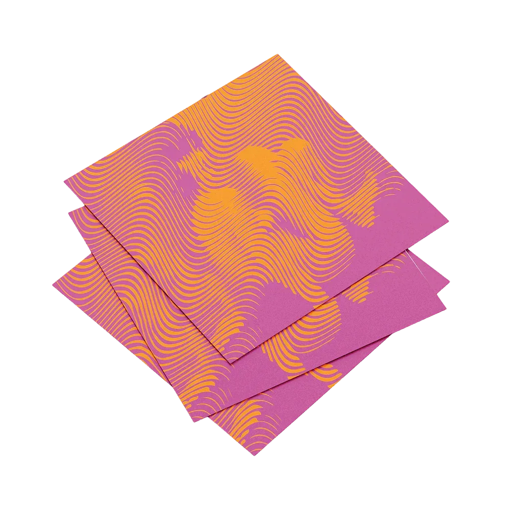 Set of four pink and orange patterned napkins on a white background
