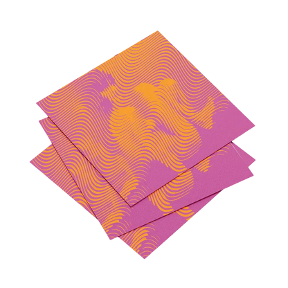 Set of four pink and orange patterned napkins on a white background