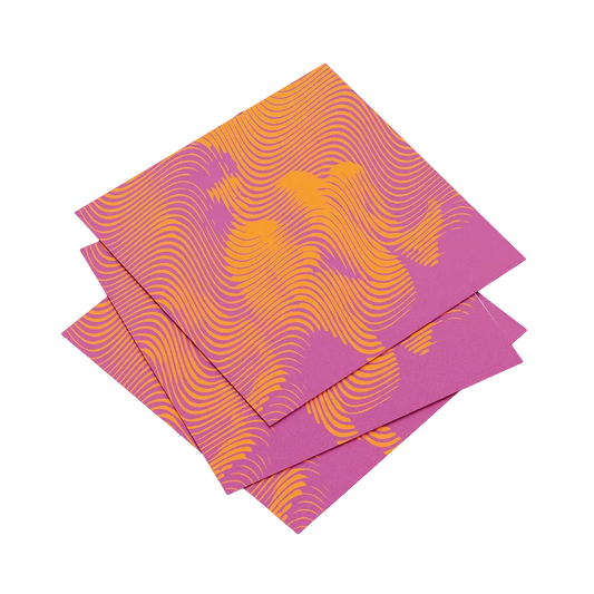Set of four pink and orange patterned napkins on a white background