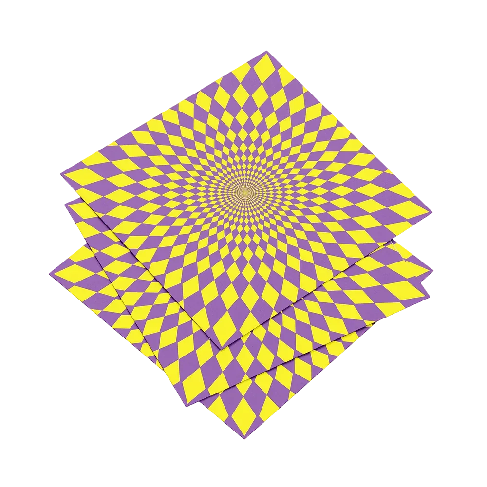 Set of three purple and yellow checkered placemats with a central spiral design on a white background.