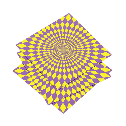Set of three purple and yellow checkered placemats with a central spiral design on a white background.