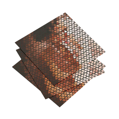 Three sheets of black paper with geometric triangle patterns on a white background