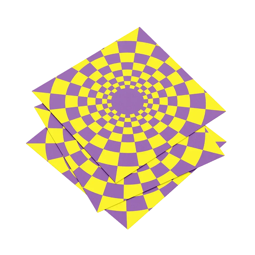 Stack of purple and yellow checkered paper with a spiral pattern on a white background