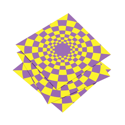 Stack of purple and yellow checkered paper with a spiral pattern on a white background