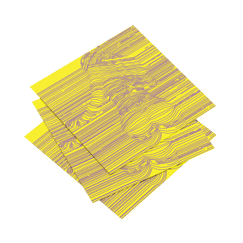 Three yellow patterned napkins stacked on a dark blue background