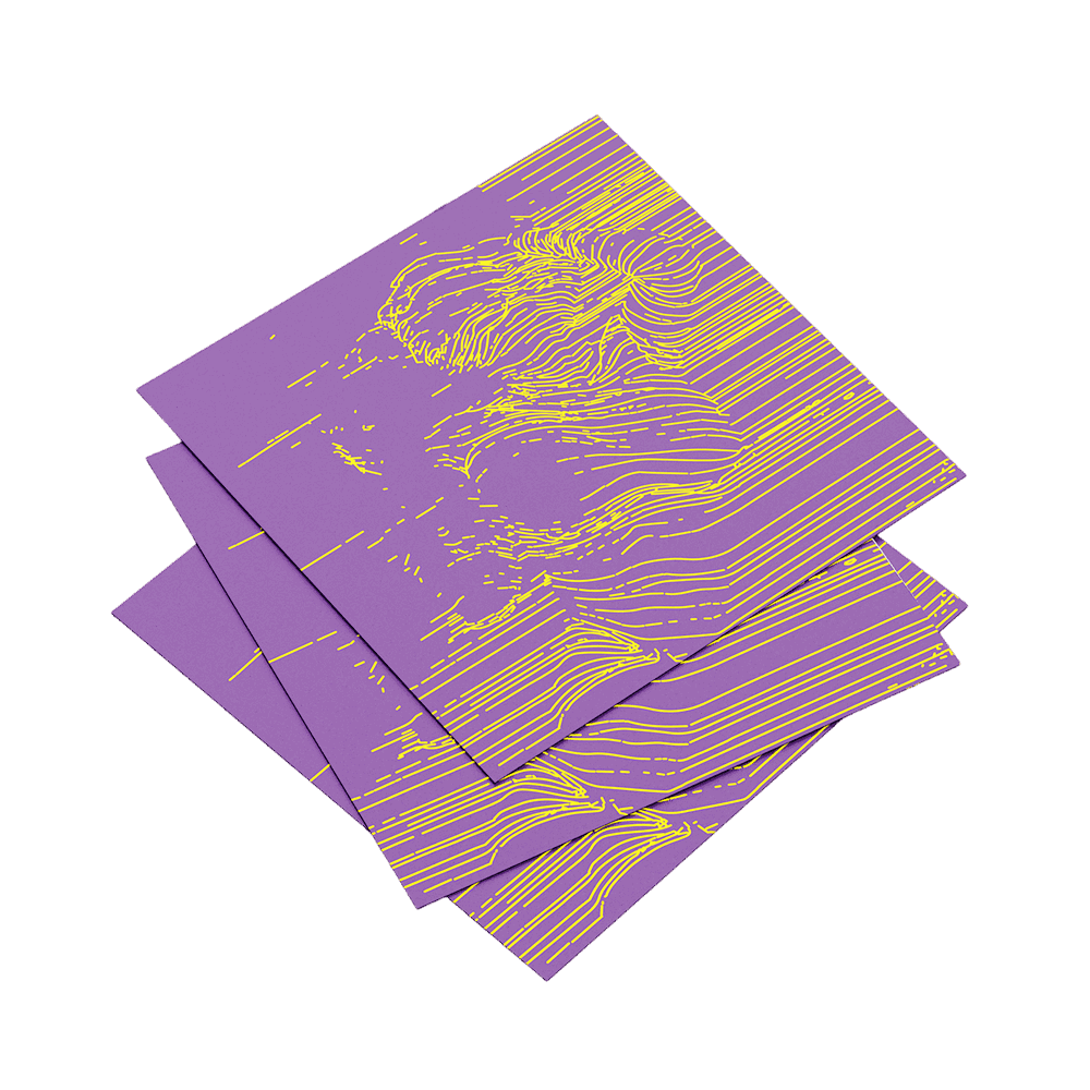 Purple notebooks with yellow line art on a teal background