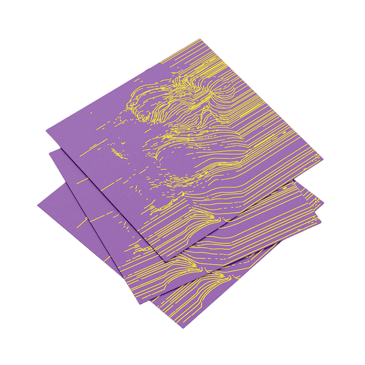 Purple notebooks with yellow line art on a teal background