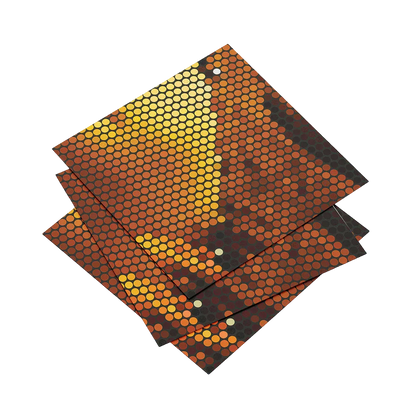 Three sheets of paper with a hexagonal pattern on a white background