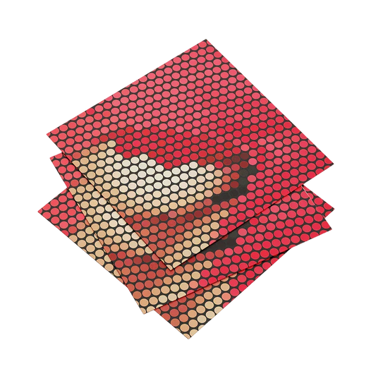 Three red and beige patterned paper sheets on a white background