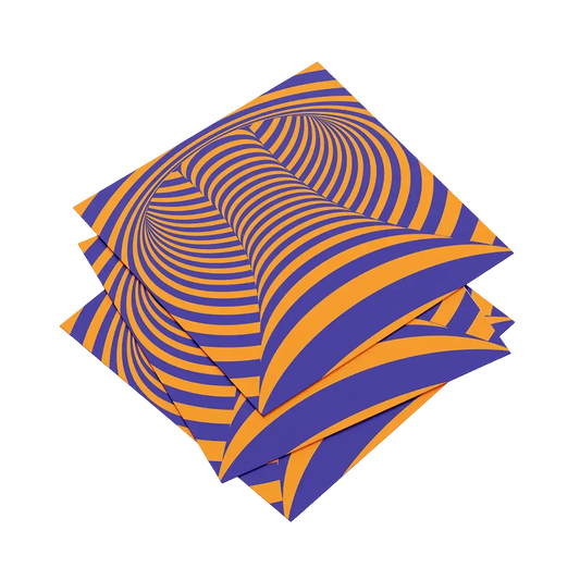 Two blue and orange patterned napkins stacked on a white background