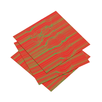 Set of red and green striped placemats on a white background