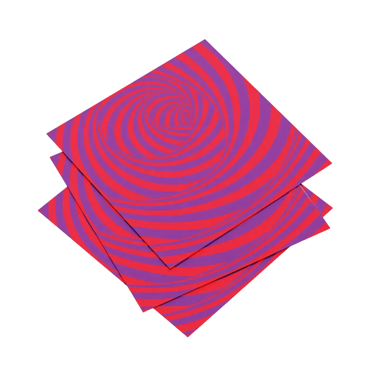 Four red and purple striped napkins stacked on a white background
