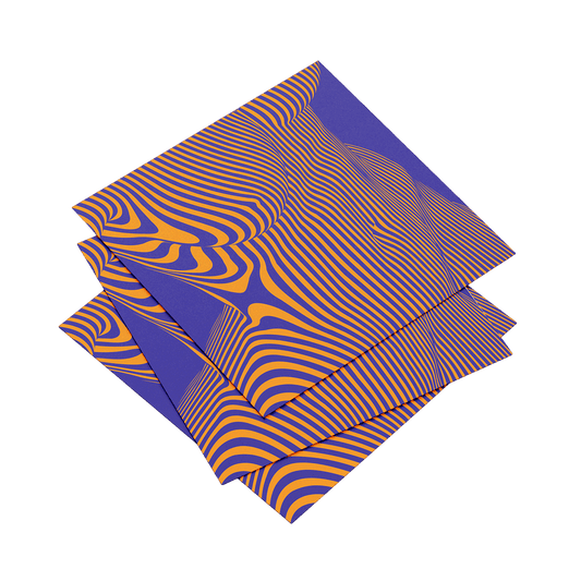 Stack of purple and orange striped paper sheets on a dark green background