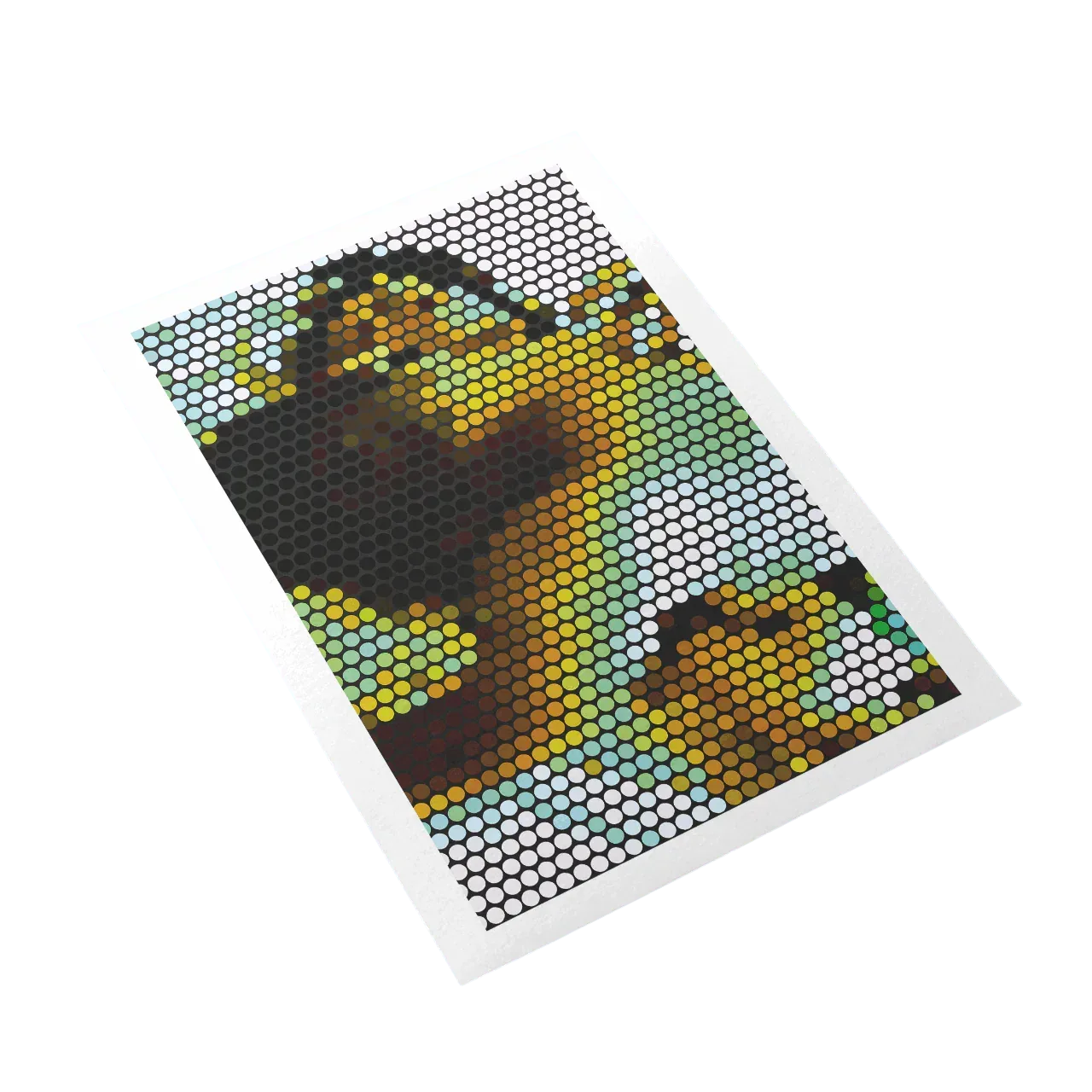 Sheet of diamond painting with a sunflower design on a white background