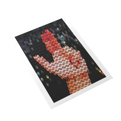 Card with a colorful fox design on a black background