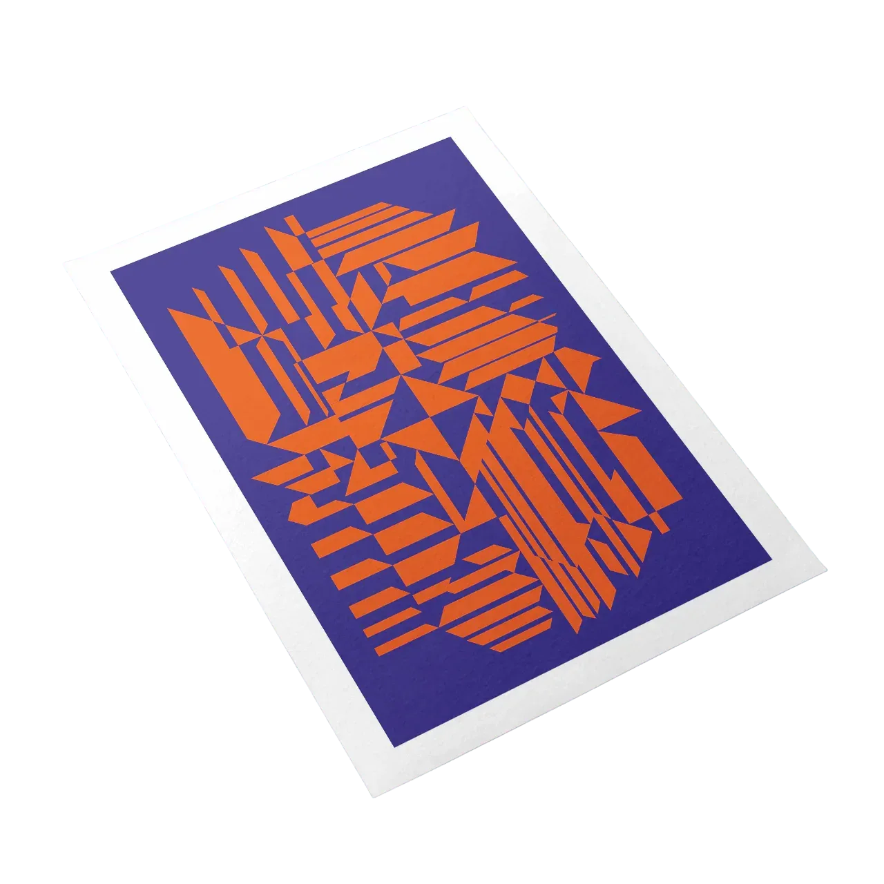 Orange geometric pattern on a purple card with white border