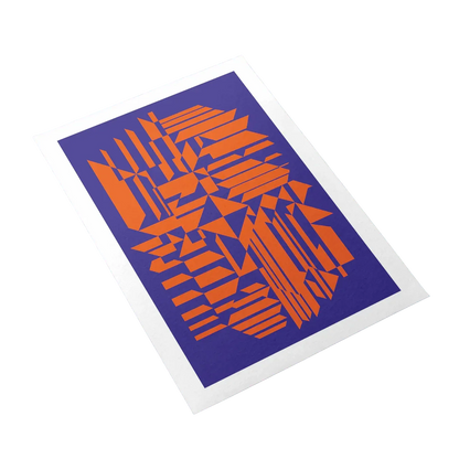 Orange geometric pattern on a purple card with white border