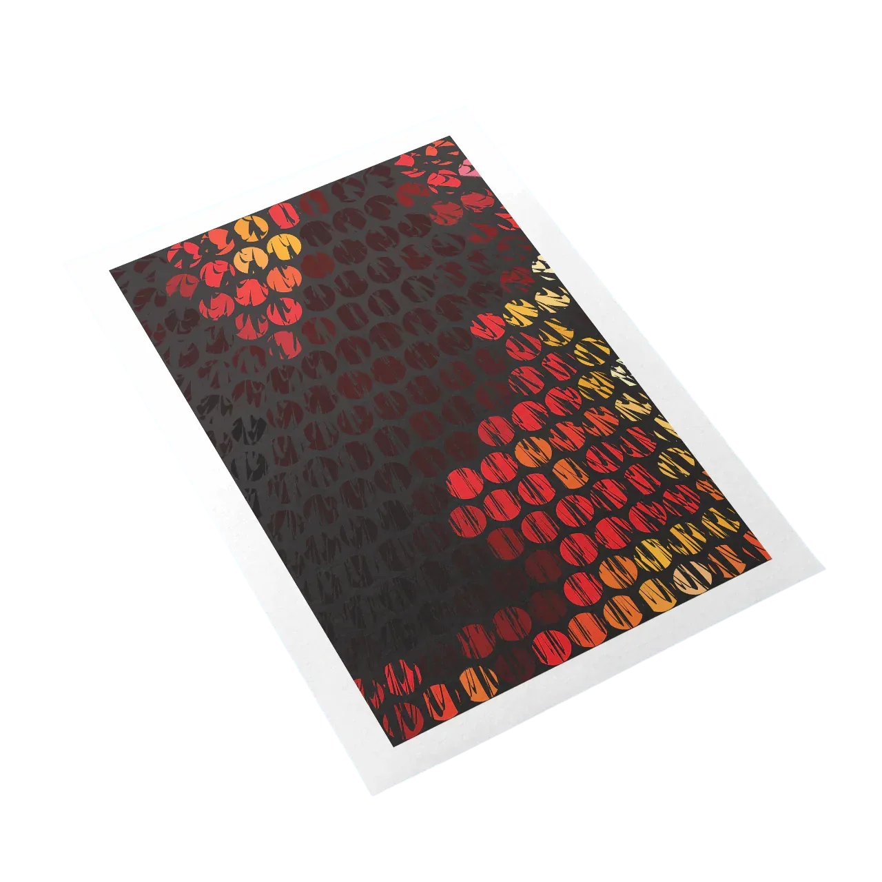 Patterned paper with red and yellow shapes on a black background