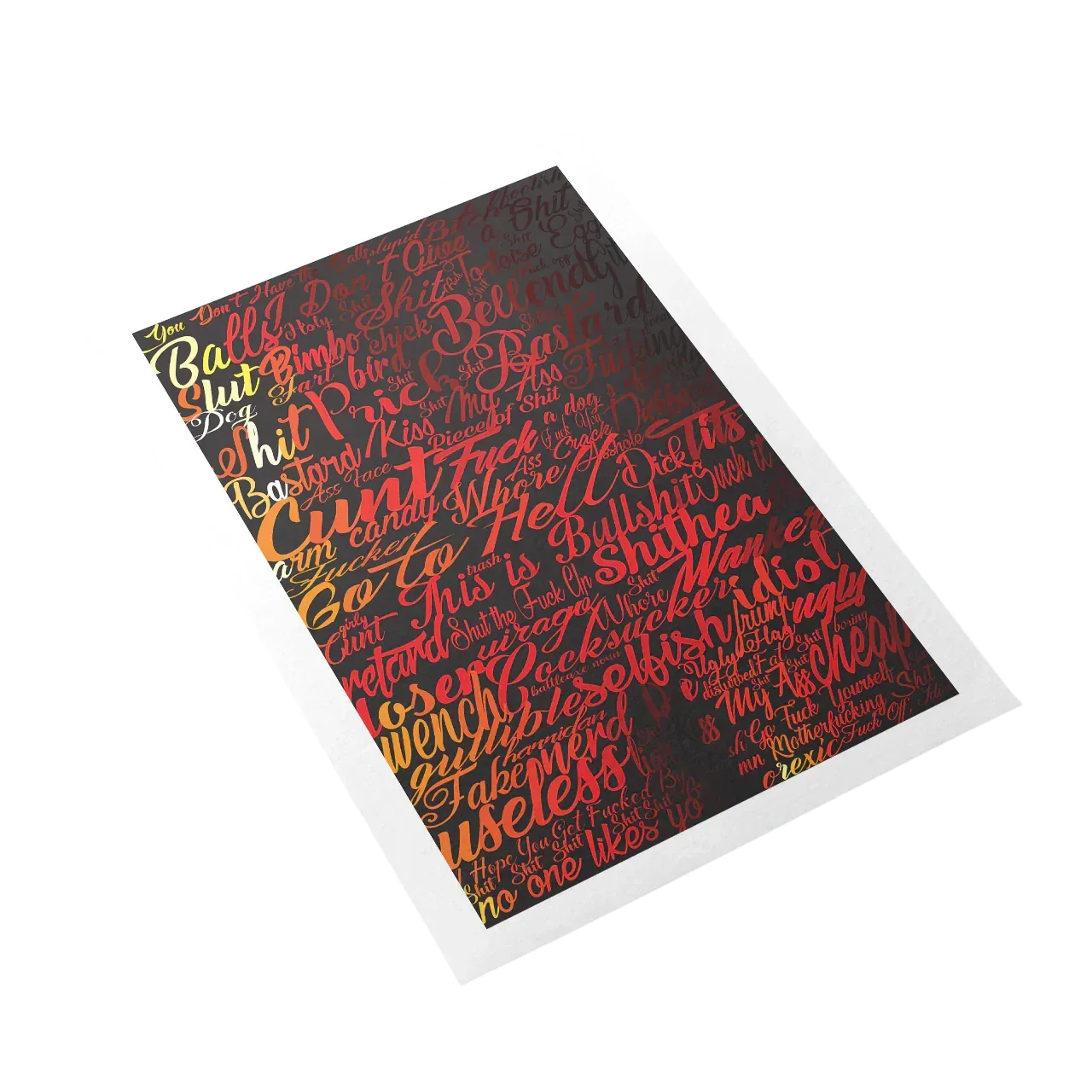 Notebook with colorful text design on a white background