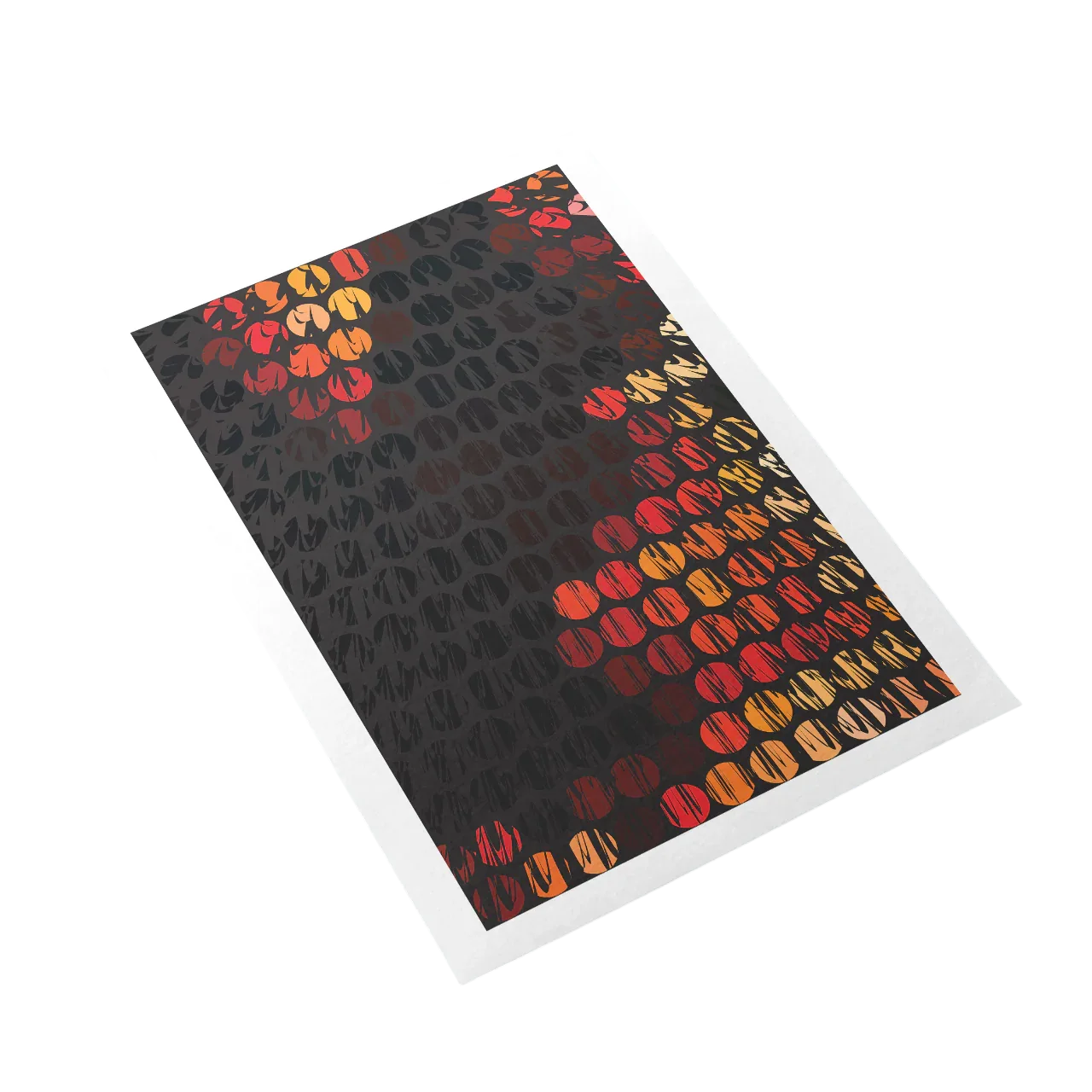 Patterned paper with red and orange abstract design on a black background