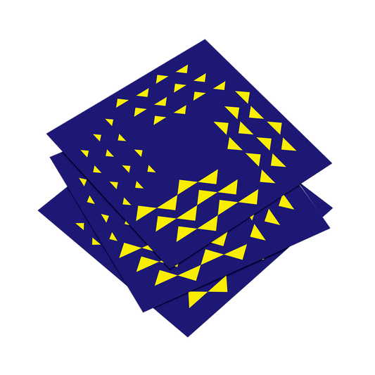 Four blue napkins with yellow triangle pattern on a white background