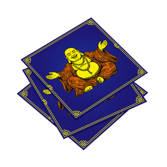 Three blue napkins with a yellow and brown Buddha design on a white background