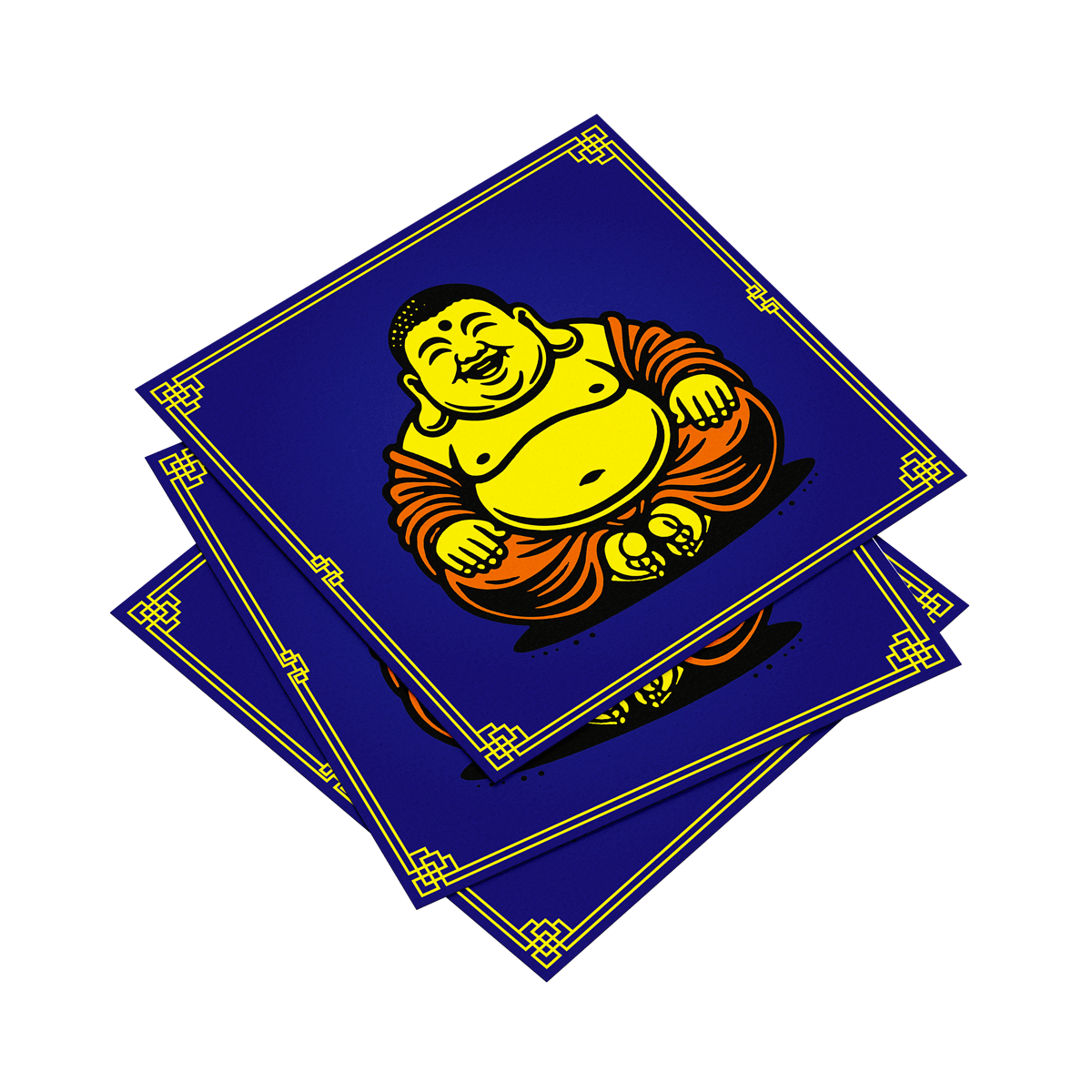 Three blue napkins with a Buddha illustration on a white background