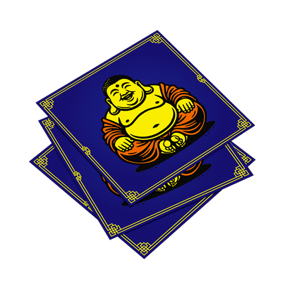 Three blue napkins with a Buddha illustration on a white background