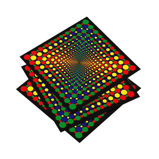 Three colorful polka dot patterned sheets stacked on a white background